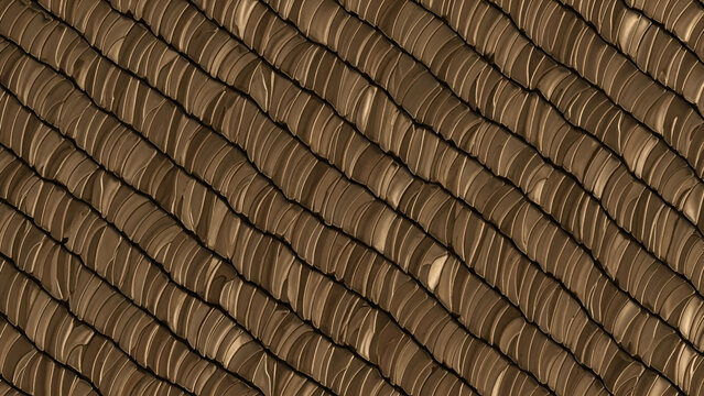Detailed view of stacked brown cylindrical objects with ridged surfaces and smooth ends