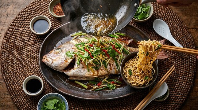 Steamed Fish &mdash; Whole whole steamed fish soy ginger scallion wok oil pour action chopstick or spoon lifting noodle detail close