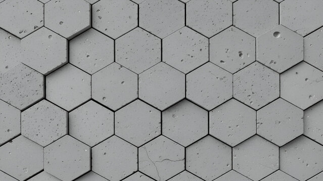 Gray hexagonal tiles with small holes and cracks on surface