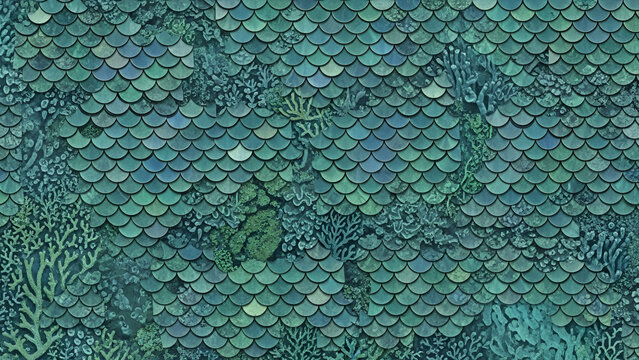 Shimmering turquoise scales with oceanic textures and coral reef patterns in shades of blue and green hues