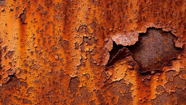 Close-up of heavily rusted metal surface with flaking orange paint and visible corrosion