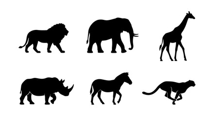 African Wildlife Silhouettes: Lion, Elephant, Giraffe, Rhino, Zebra, Cheetah Vector Set for Safari and Nature Designs © Jesmin