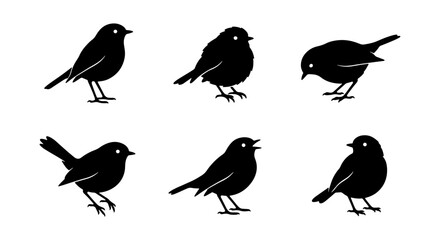 Set of Six Black Bird Silhouettes, Vector Icons, Simple Avian Graphics for Nature and Wildlife Designs © Jesmin