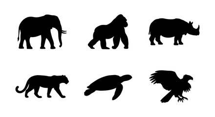 African Wildlife Silhouettes: Elephant, Gorilla, Rhino, Panther, Turtle, Eagle Icons Set © Jesmin