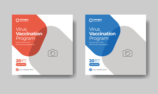 Medical virus vaccination program social media post and web ad banner template design , suitable for marketing promotion , testing and vaccination program editable square flyerrstock double