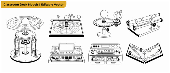 Classroom science desk models vector illustration set of educational astronomy gear, physics machinery tools, solar system orreries, keyboards, and mechanical instruments for laboratory learning. © Dinali