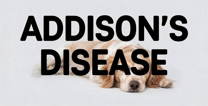 A sick golden retriever rests on a white background, with ADDISON'S DISEASE overlaid. The dog's lethargic posture and sad eyes convey a sense of illness.