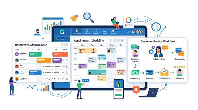 Digital calendar and planning interface with charts and icons.