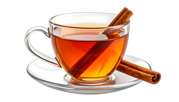 Clear glass cup filled with warm amber colored tea and two cinnamon sticks, on a white saucer, isolated