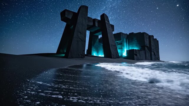 Stone monument on black sand beach at night under starry sky. Sea wave washing ashore near megalithic structure. Surreal landscape with glowing blue light