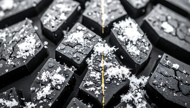 Close-up macro of winter tire tread with snow and ice particles, indicating grip and traction for cold weather driving