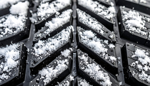 Close up of a car tire tread with snow, winter driving, traction and grip on icy roads