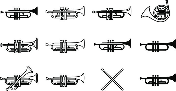 Set of brass instrument vector icons featuring trumpet styles french horn and crossed drumsticks for musical branding