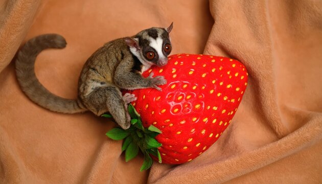 Adorable slow loris clinging to a big plush strawberry looking at the viewer