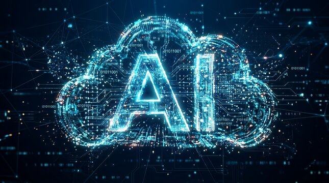 Digital cloud forming AI text with glowing data nodes.
