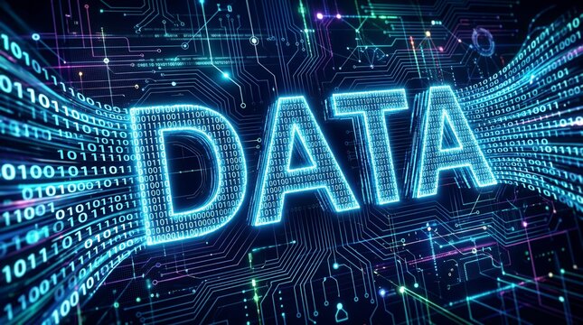 Digital data text glowing on blue binary code technology background