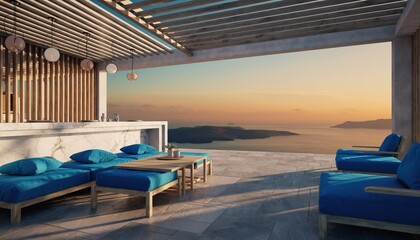 Fototapeta premium Luxury Seaside Lounge at Sunset - Tranquil Relaxation and Breathtaking Views.