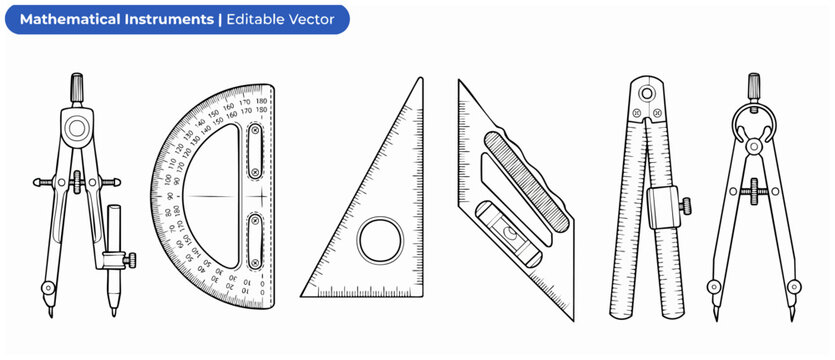 Mathematical instruments vector geometry tools set featuring black outline compass ruler protractor set square dividers for school education engineering design drafting graphics isolated on white.