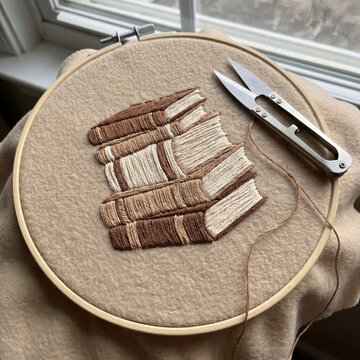 Hand embroidery project featuring a stitched book stack in a wooden hoop beside metal thread snips