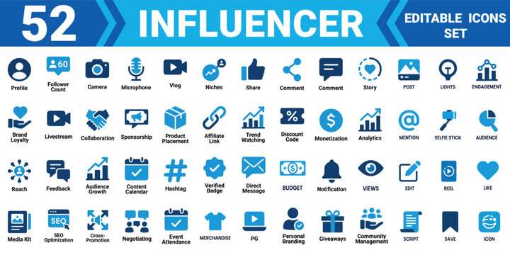 Influencer solid icon set editable vector illustration mega pack for social media marketing