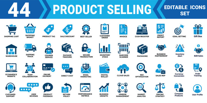 Solid product selling icon set collection for e commerce and business editable vector illustration mega pack