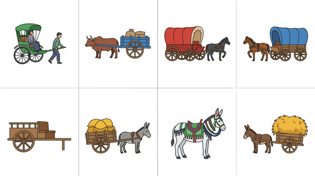Set of traditional animal drawn carts wooden wagons hand rickshaw and donkey carriages for rural history and transport designs
