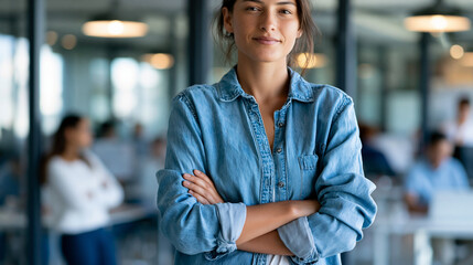 Obraz premium Faceless confident female tech leader standing with arms crossed in a modern glass-walled office, diverse software development team working behind her, leadership concept, female