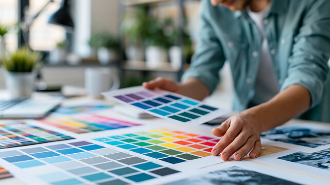 Close-up of anonymous hands sorting printed mood boards, color swatches and material samples across a wide studio table, creative planning concept, design process photography,