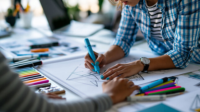Overhead view of anonymous hands sketching on large paper sheets, surrounded by markers, laptops and printed references on a creative studio table, top-down design process