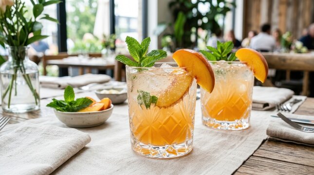 Refreshing peach and mint cocktail served at a restaurant table setting