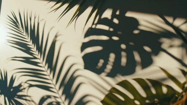 Tropical plant shadows swaying gently in the wind against a white background with sunlight
