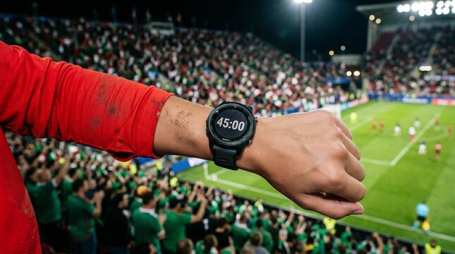 Close up of a sports watch showing 45 minutes on a person's wrist with a blurred soccer stadium crowd and field in the background at night