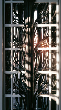 Fiber optic cable splicing in vertical rack, black protective sleeve and white frame with strong sun shadow contrast, modern telecom infrastructure