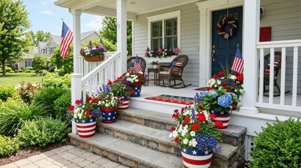 Obraz premium Front porch decorated with patriotic flowers and American flags for a holiday celebration