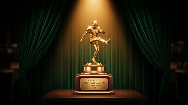 Golden American Football Trophy on a Pedestal with Green Curtains and Spotlight Celebrating Champions 2021