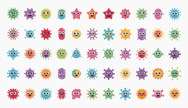 Colorful cartoon virus and star characters with smiling faces
