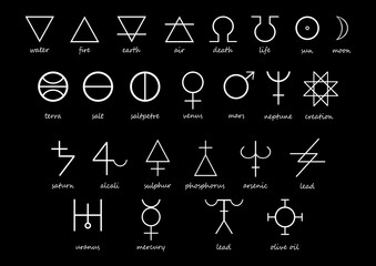 Complete alchemical symbols chart on black background in white — 26 labeled signs, clean minimal line art for design and editorial use. © Neslihan