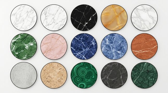 Collection of circular marble and stone textures in various colors and patterns for design backgrounds