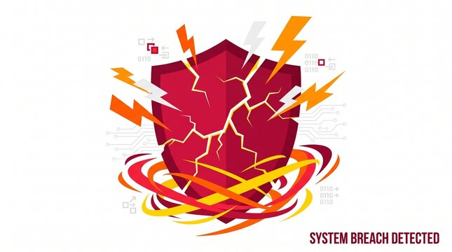 Cracked digital shield with lightning strikes and binary code symbolizing system breach detected and cyber security threat