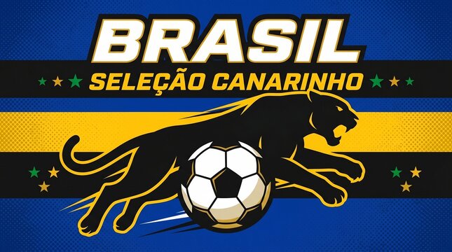 Brasil Selecao Canarinho football team logo with a black panther and soccer ball on a blue and yellow striped background