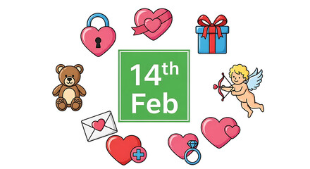 Naklejka premium Colorful valentine's day celebration with hearts, teddy bear, and gift box, february 14th theme