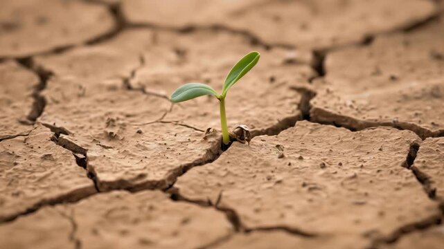 Seedling emerging from deep cracks in parched earth. Lockdown shot with selective focus.