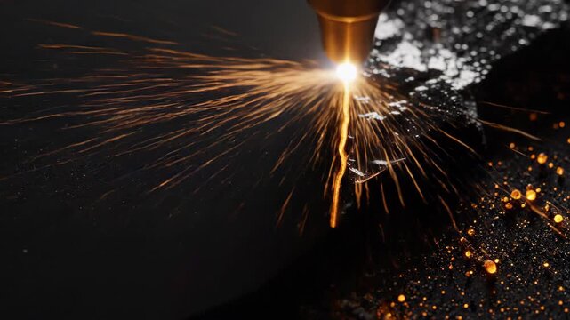 Laser cutter nozzle cuts metal plate. Industrial machine emits sparks during manufacturing process. Precision plasma steel processing in fabrication workshop