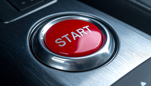 Closeup of a red start button on a brushed metal car dashboard, beginning a journey, engine ignition, power on concept