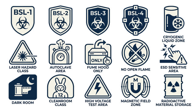 Laboratory safety warning signs and biosafety level icons set. EPS Editable