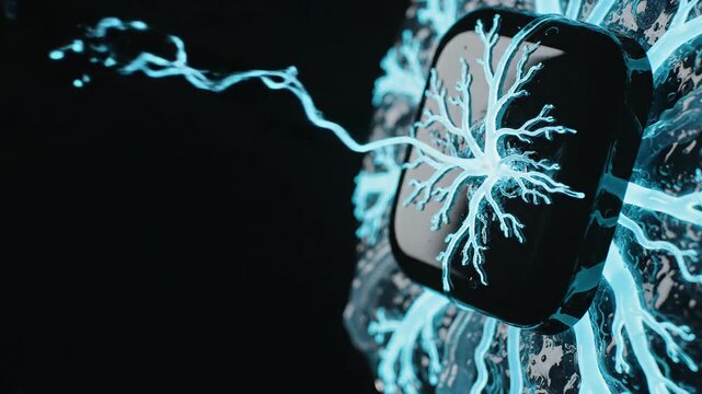 Glowing blue lines emanating from a metallic object in dark space. Abstract digital network connection and data transfer flow shown in three sequential stages