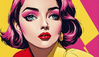Obraz premium Abstract pop art illustration background in vibrant yellow, pink and red, minimalist wallpaper, AI generated