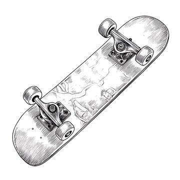Skateboard with loose trucks and wheels on deck Hand Drawn Sketch Outline on White Background