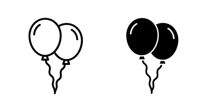 Minimal black silhouette icon, simple flat vector, bold black shape, no, no shading two balloons icon set, outline and solid style, party decoration symbol on a, flat icon style