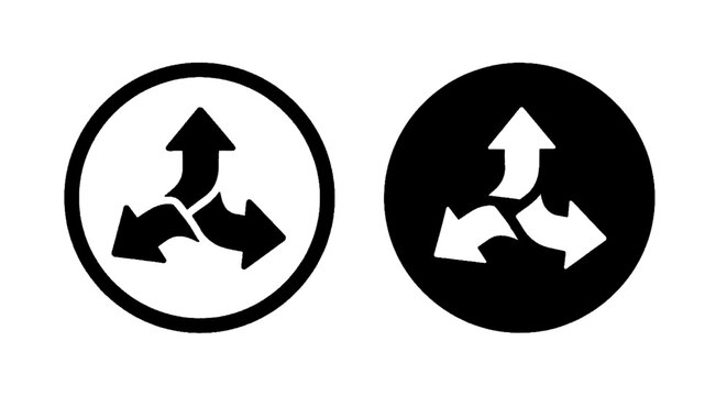 Minimal black silhouette icon, simple flat vector, bold black shape, no, no shading three arrows pointing in different directions inside a circle on a, flat icon style